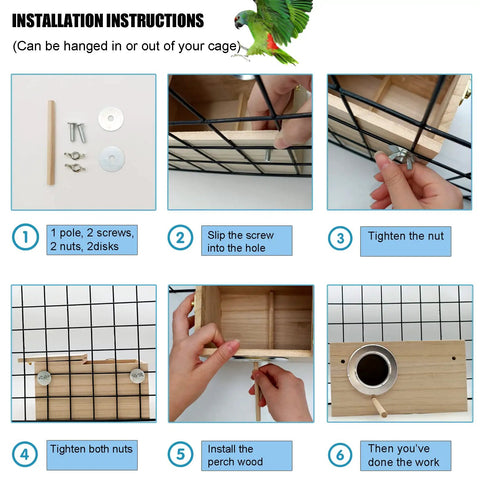 Installation instructions for Paulownia Wood Nesting Box For Pet Birds, showing setup steps with tools, ideal for secure attachment.