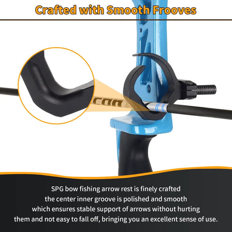 Close-up of aluminum bowfishing arrow rest with anodized durability, semi-open design, adjustable for compound and recurve bows.