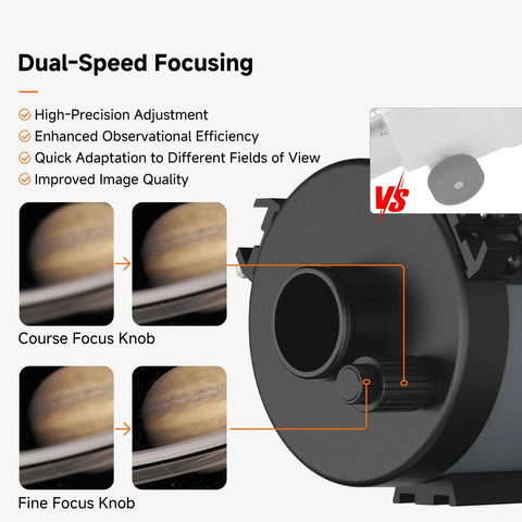 127mm Mak Telescope For Stargazing And Deep Sky Imaging With F11.8 Aperture, Versatile OTA For Adults, Beginner Friendly Setup, Sharp Detail On Distant Galaxies And Nebulae, Ideal Entry To Amateur Astronomy. Dual-speed focusing knob on black telescope OTA