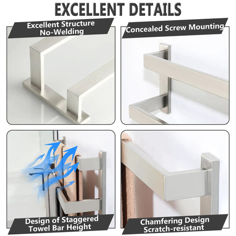 Double Towel Bar Set for Bathroom Wall Mount 23.6 Inch Brushed Nickel SUS304 Stainless Steel Towel Rack features