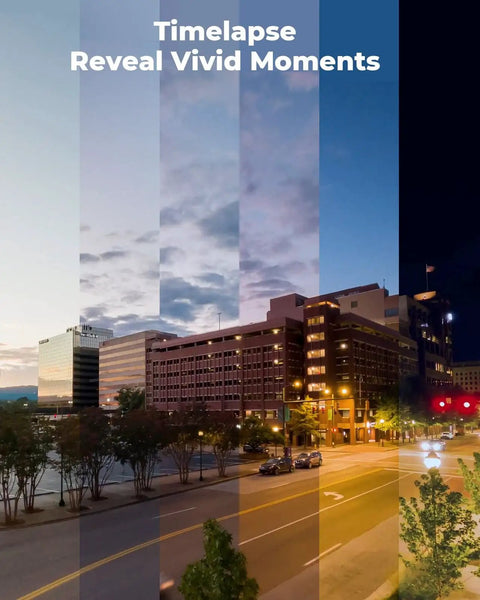Cityscape with time-lapse effect, showing transition from day to night with vivid colors, highlighting timelapse capability.