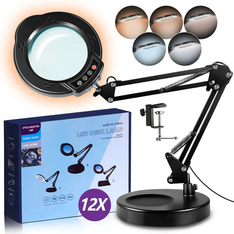 12X Magnifying Glass With Light And Swing Arm Stand For Crafts And Reading Hands Free Real Glass Lens 84 LED Desk Magnifier