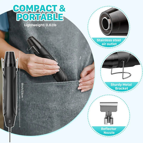 Compact Dual Temp Heat Gun With 350W 500F And 842F Settings, fast hot air tool with stainless steel outlet, metal bracket