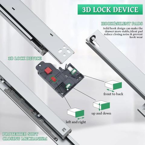 Top Shelf Undermount Drawer Slides 20 Inch Full Extension showing 3D lock device and soft close mechanism details.