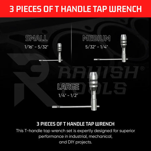 Three Piece T Handle Tap Wrench Set With Jaw Openings 1/16 To 5/32, 5/32 To 1/4, And 1/4 To 1/2 Inch for taps reamers