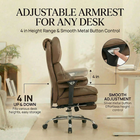 Side view of Big and Tall Executive Desk Chair With Footrest, 400Lb Heavy Duty High Back PU Leather, adjustable armrest shown.