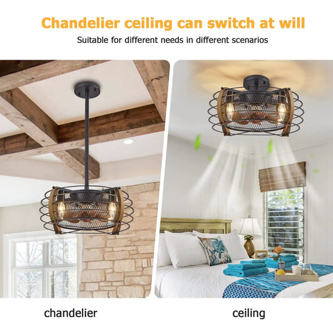 Caged Wood Farmhouse Ceiling Fan With Light And Remote Control Flush Mount Industrial Style in a cozy bedroom setting.
