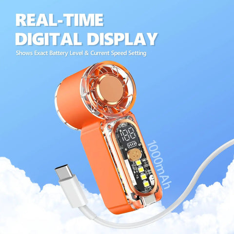 Beast Portable Handheld Fan On The Go With USB-C Rechargeable Battery, digital display showing speed and battery level.