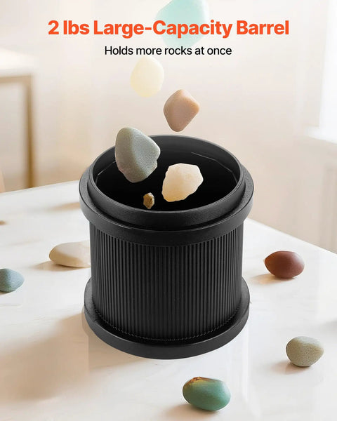 Rock Tumbler Kit For Beginners And Pros, 2 lb Capacity barrel with rough gemstones floating above, showcasing size and use.