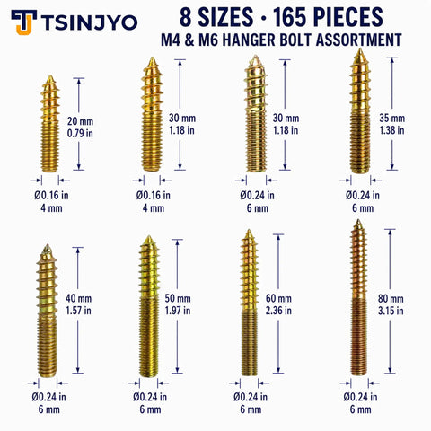 165 Piece M4 And M6 Zinc Plated Hanger Bolts Kit With Double Headed Self Tapping Dowels For DIY Furniture Connecting And Fixing