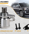 Drop In High Pressure Fuel Pump For GM 2.4L 2010 To 2017 Vehicles Including Buick LaCrosse Verano Regal Chevrolet Equinox Malibu Impala Captiva Sport And GMC Terrain Replaces 12639694 HM10008 12641847 Workhorse, shown with car, screws, and spacer