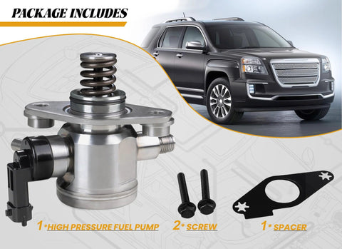 Drop In High Pressure Fuel Pump For GM 2.4L 2010 To 2017 Vehicles Including Buick LaCrosse Verano Regal Chevrolet Equinox Malibu Impala Captiva Sport And GMC Terrain Replaces 12639694 HM10008 12641847 Workhorse, shown with car, screws, and spacer