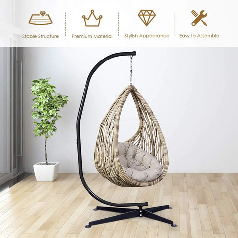 Heavy Duty C Type Hammock Stand Portable and Detachable for Hanging Hammocks Air Chairs Porch Swings Outdoor and Indoor Use Fits Most Chairs With 360 Degree Rotation Easy Assembly Durable Steel Frame supporting an egg chair indoors