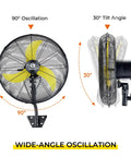 20 Inch Outdoor Quiet Remote Control Oscillating Wall Mount Fan With All Sealed BLDC Motor 30° Tilt 90° Oscillation Feature