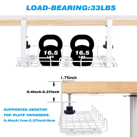 Under Desk Cable Tray Organizer With Clamp On Mount White Mesh Cable Management Tray showing weight capacity and installation