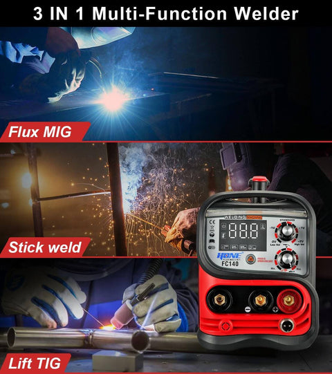 Three in One welding machine delivers MIG flux core and Lift TIG welding with synergic MIG control, 140 Amp power, 110V input