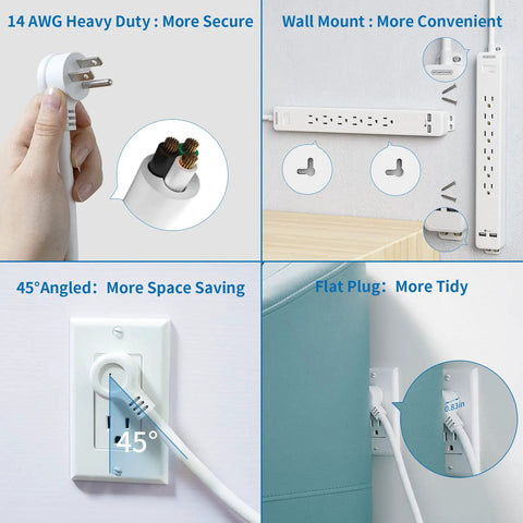 Beefy Heavy Duty 25 Feet Extension Cord Power Strip with Surge Protector showing angled plug, wall mount, and 6 outlets.