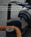 Heavy-Duty Electric Hydraulic Rebar Bending Machine 1200W Pure Copper Motor Straightener For Construction Site, close-up of steel rod being bent.