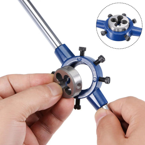 Close-up of Pro Grade Die Stock Handle Set With 5/8-24 UNEF Die And 26-38mm OD Fit M12-M16 Die Wrench Tool Kit For DIY Threading Repair 1 Set