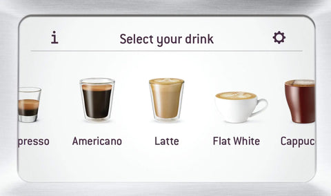 Select your drink screen of Heavy Duty Fully Automatic Espresso Machine With Slick Touchscreen Interface And Pro Grade Dual Boiler Rig For Killer Specialty Coffee At Home Featuring Precise Thermal Regulation And Smooth Simultaneous Brewing.