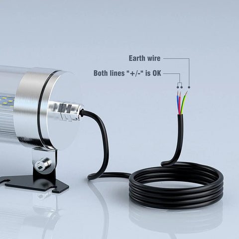 Explosion Proof LED Machine Light For CNC And Industrial Use, 20W, 2200 Lumens with wiring details shown