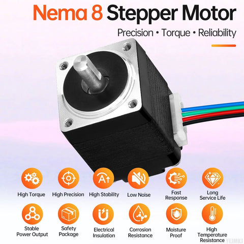 Nema 8 Stepper Motor for DIY Projects 2 Phase 1.8 Degree Step with High Torque, showing front and side views with wiring.