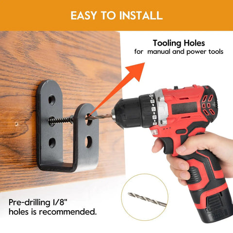 Heavy Duty 2x4 Door Barricade Brackets U Shaped Security Braces For Indoor And Outdoor Doors Black Finish 2 Pack Rugged Carbon Steel Construction being installed with drill on wood surface