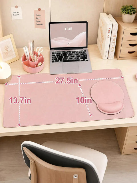 Nine Piece Cute Pink Desk Accessories Set For Women with 360 Degree Rotating Pen Holder, desk mat, and wrist rest