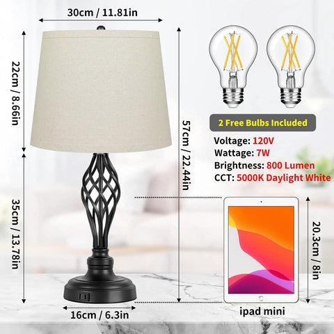Dimensions of Two Pack Of 3 Way Dimmable Touch Lamps With USB Port And AC Outlet, Bedside Nightstand Lamps shown with bulbs