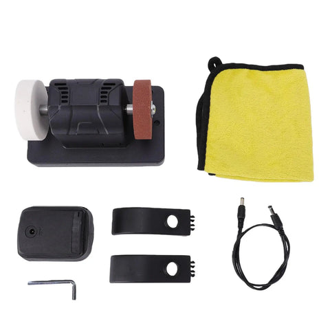 Depisuta Mini Bench Grinder Compatible With 20V Battery Tools includes grinder, sanding wheel, accessories, and cleaning cloth.