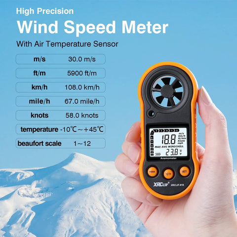 Handheld Wind Speed Meter Anemometer For Windsurfing Fishing Hunting And More Pro Grade Accurate Wind Gauge With Wind Chill And Temperature Readout 12 Beaufort Levels Celsius Fahrenheit Switch Max Min. handheld orange-and-black plastic meter in hand