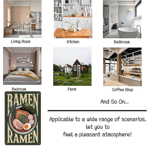 Funny Vintage Ramen Bowl Metal Sign 8x12 Inch Wall Decor in various settings like living room, kitchen, coffee shop, and more.