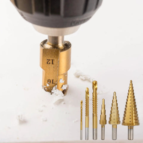 Close-up of Six Piece High Speed Reaming Pagoda Sawtooth Drill Bit Set with titanium plating in use, showing serrated bit drilling.