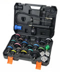 Top Shelf Coolant Pressure Tester Kit With 27 Heavy Duty Adapters inside a case, featuring various colored adapters and a manual pump.