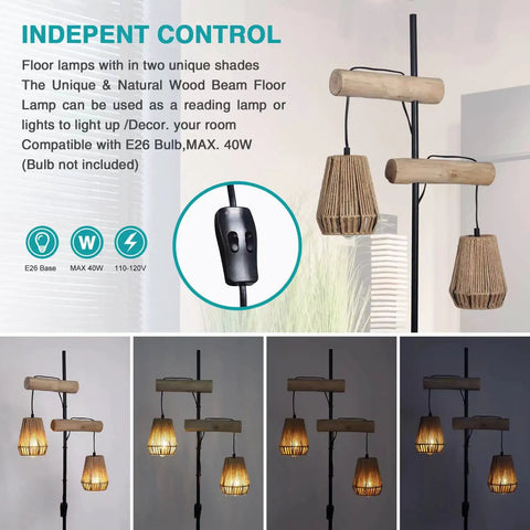 Two Light Rattan Floor Lamp With Independent Control Switch Rustic Farmhouse Tall Standing Lamp 68 Inch Ideal For Living Room Bedroom Or Office With Rattan Lampshades For Cozy Ambient Light And Rustic Charm