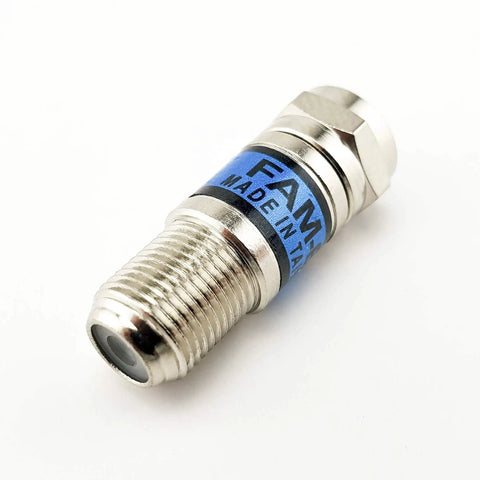 Ten Decibel Fixed Mini Type Attenuator Pad for RF and Signal Paths, compact silver attenuator lying on white background