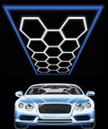 Hexagon 14 Grid LED Garage Light Kit With Blue Border Frame For Garage Or Workshop, 81 Light Assembly over blue car