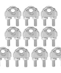 15 stainless steel wire rope clips with M4 U-bolt saddles, front view, for boating and marine use