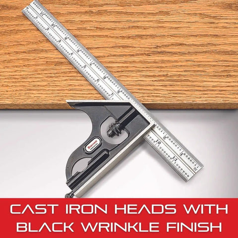 Combination Square Set with cast iron head and 12 inch blade measuring tool on a wooden surface, 4R graduation visible.