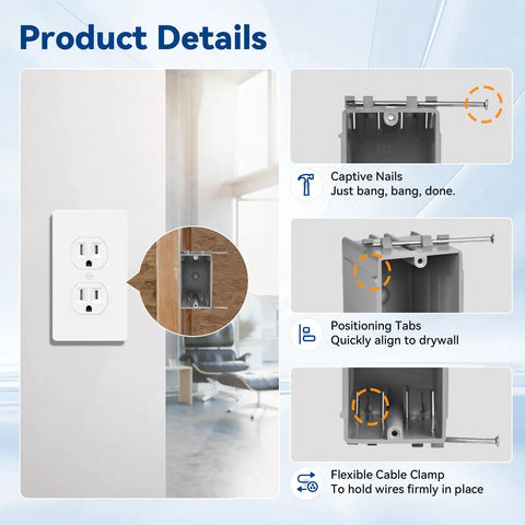 1 Gang New Work PVC Electrical Box For Switch GFCI And Dimmer Installations showing captive nails, positioning tabs, cable clamp