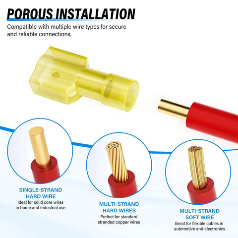 Nylon Spade Electrical Connectors Kit 60 Pieces Heavy Duty Copper Crimp Terminals For Car Audio Marine House Projects Anti Corrosion Visual Inspection Translucent Shells Easy Wire Work Fix, yellow spade connector with red wire