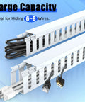 Under Desk Cable Management Kit With One Piece Raceway Channel White showing large capacity for hiding 6 to 8 wires