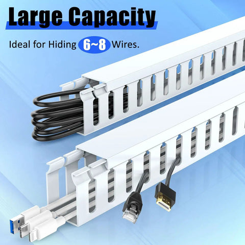 Under Desk Cable Management Kit With One Piece Raceway Channel White showing large capacity for hiding 6 to 8 wires