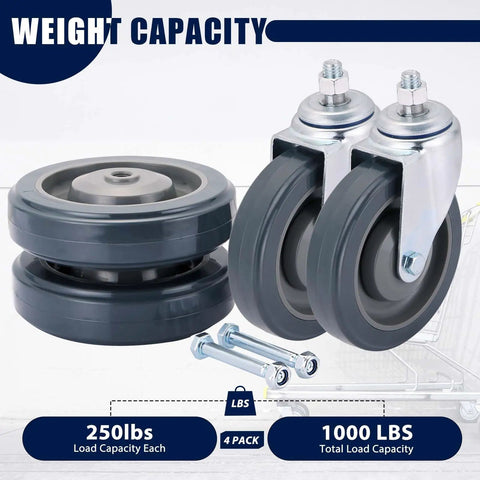 Heavy Duty 5 Inch Shopping Cart Wheels 4 Pack Polyurethane Rollers With Secure Axle Bolts showcasing load capacity specs and installation bolts.