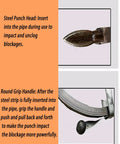Steel Punch Head and Round Grip Handle of No Junk Heavy Duty Main Line Drain Auger Strip for effective clog removal.