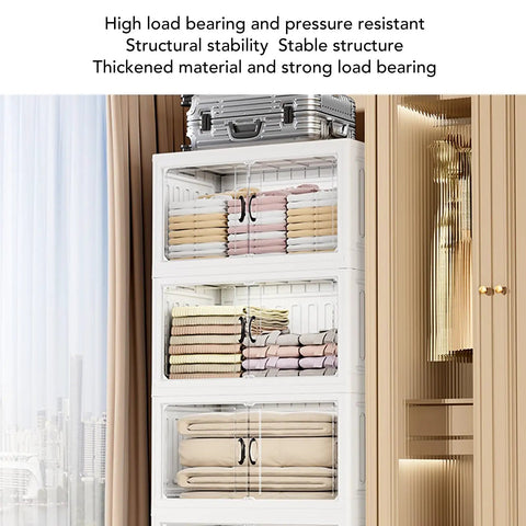 Heavy Duty Four Tier Wheeled Storage Cart With Lids Stackable Foldable Plastic Organizer Bins outlined with folded linens.
