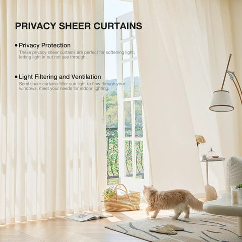 Beige Semi Sheer Privacy Curtains for Living Room and Bedroom, 96 Inch Length Two Panels installed on window letting light in.