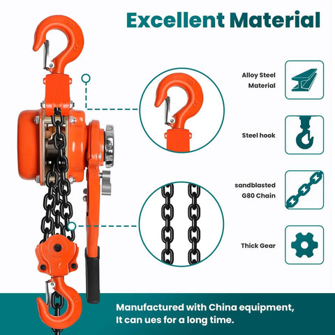 Manual Chain Hoist 6 Ton Come Along 13200 Lbs Capacity 20 Ft Lift Galvanized Carbon Steel With G80 Chain features, material details.