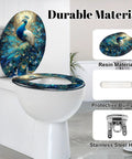 Round Resin Toilet Seat for Bathroom with peacock design, 16.5 inches long, 14.5 inches wide, featuring durable stainless steel hinge.