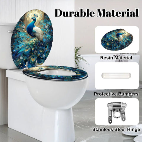 Round Resin Toilet Seat for Bathroom with peacock design, 16.5 inches long, 14.5 inches wide, featuring durable stainless steel hinge.